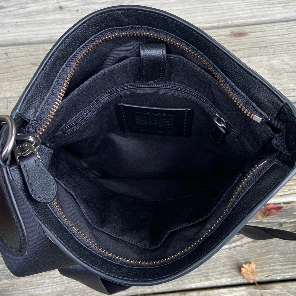 COACH Charles Crossbody Bag Varsity Black Leather Denim & Midnight Navy Stripe